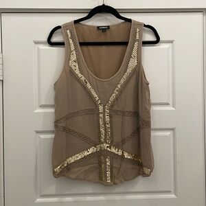Express Tan and Gold Embellished Tank Top